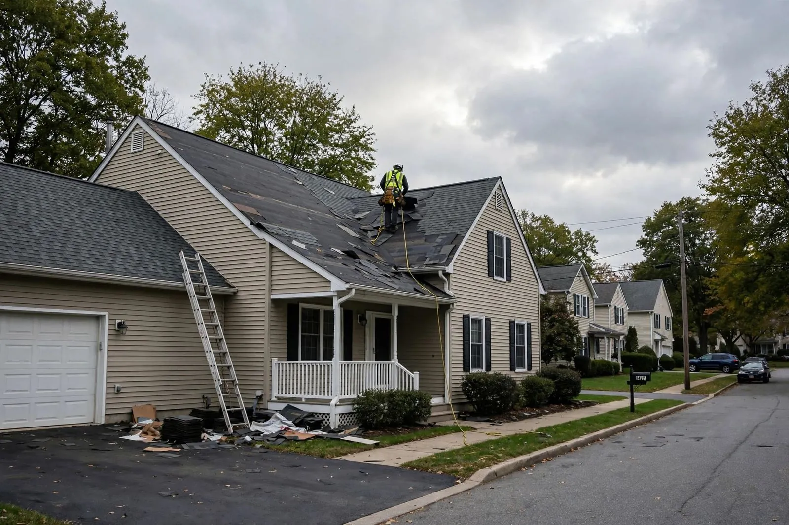 Roofer repairing a shingle roof on a home in Sayreville, NJ