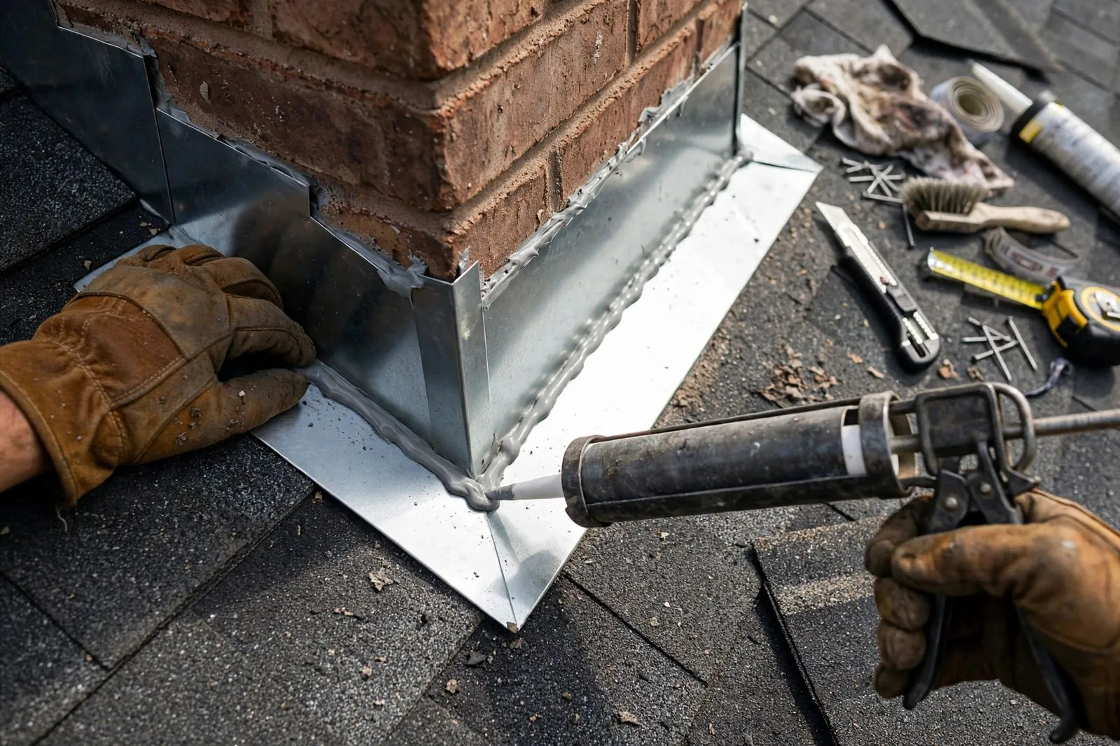 Chimney flashing being sealed during a leak repair in Sayreville, NJ