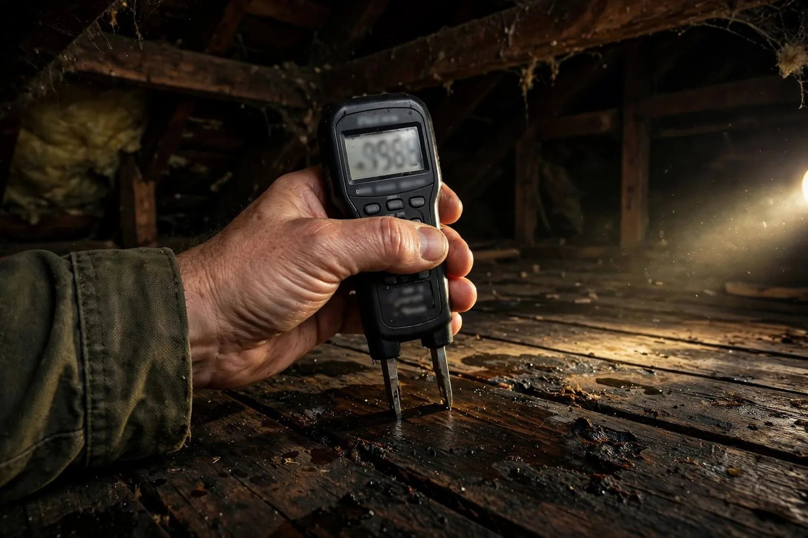 Checking attic decking with a moisture meter while tracing a roof leak in Sayreville, NJ