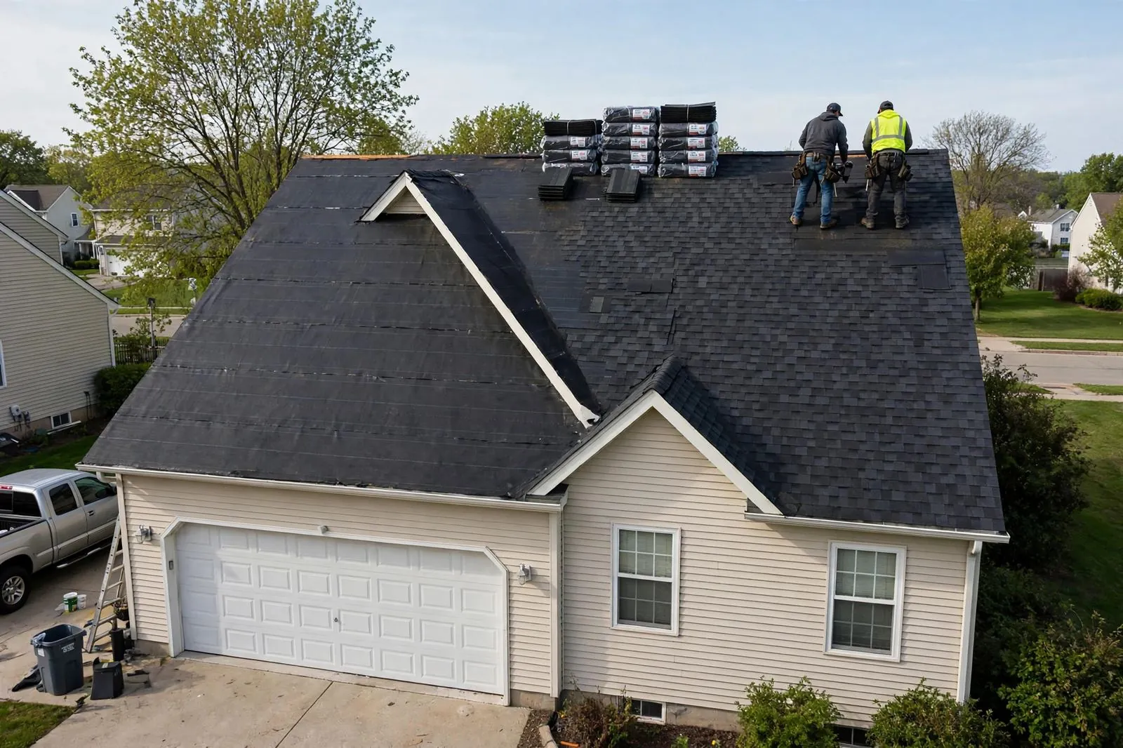 New shingles going on during a full roof replacement in Sayreville, NJ