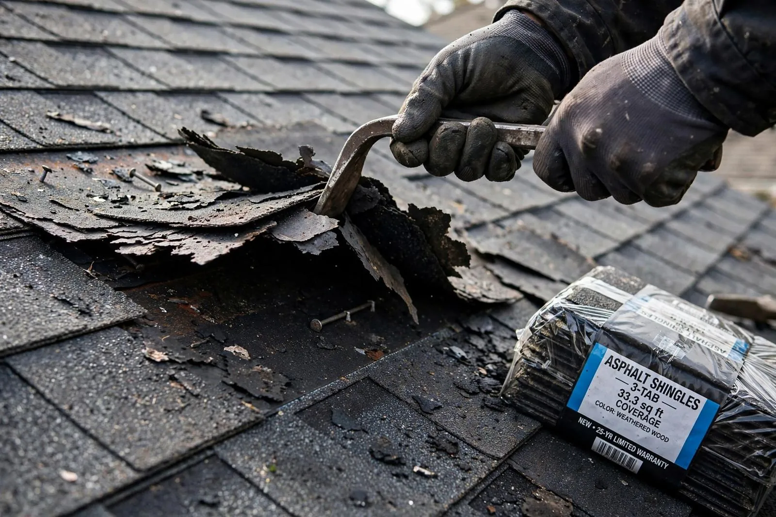 Lifting out damaged shingles during a shingle roof repair in Sayreville, NJ