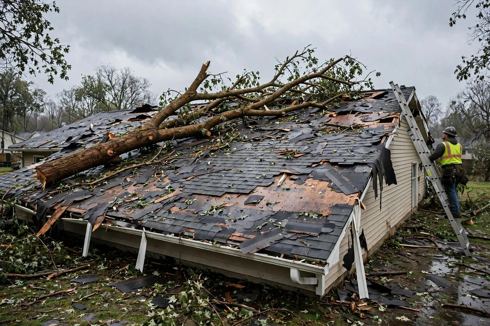 A fallen tree on a storm-damaged roof in Sayreville, NJ